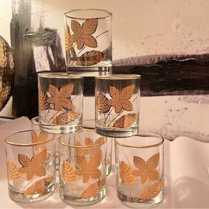 Gold Leaf Design Glass Set 8 pieces MCM mid century modern by Libbey stackable